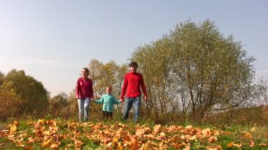 çocuk ile aile yaprakları sonbaharda yürüyüş