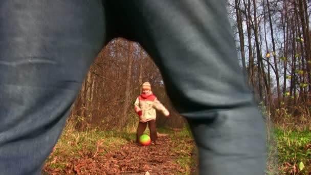 Child and grandfather play football in park — Stock Video