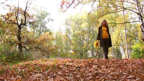 Sonbahar parkında yürüyen kadın. — Stok video