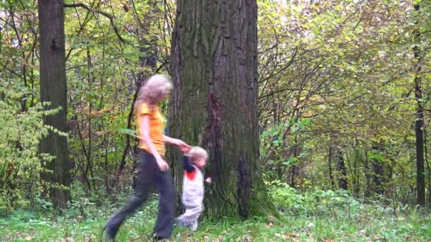 Vierköpfige Familie läuft um einen großen Baum. Herbst. — Stockvideo