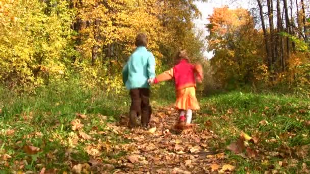 Children walking in autumn park. — Stock Video