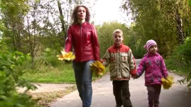 Μητέρα με δύο παιδιά με τα πόδια στο πάρκο φθινόπωρο. — Αρχείο Βίντεο