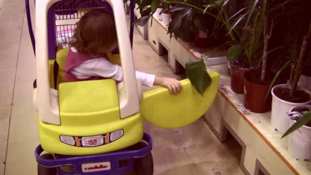 Little girl leaves shopping cart car near plants — Stockvideo