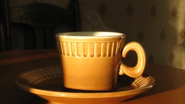 Cup with hot coffee on saucer. Time lapse. Moving shadow. — Stock Video