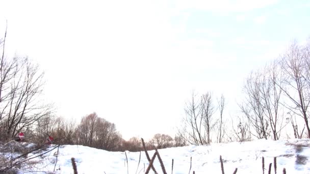 Familie mit kleinem Mädchen mit roten Hüten im Winterpark — Stockvideo