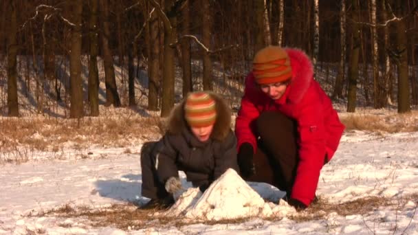 Madre jugando con su hijo en el parque de invierno — Vídeos de Stock