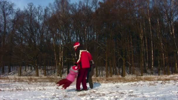 Vater dreht Kinder in Weihnachtsmützen — Stockvideo