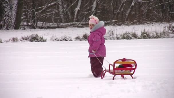 Bambina con Babbo Natale sulla slitta — Video Stock