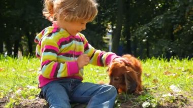 birbirlerine bakarak küçük kızı okşayarak köpek park,
