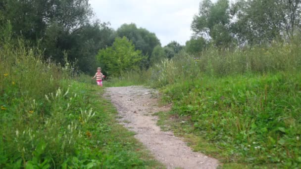 Little girl with flowers running in park, to camera — Stock Video