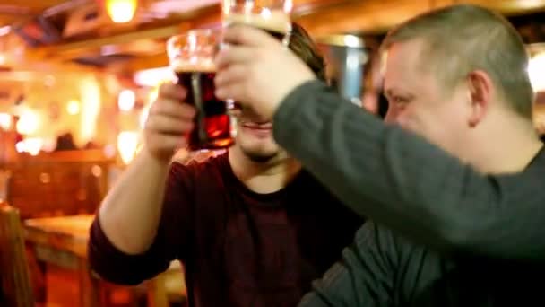 Zwei Männer klirren mit Gläsern und trinken Bier — Stockvideo