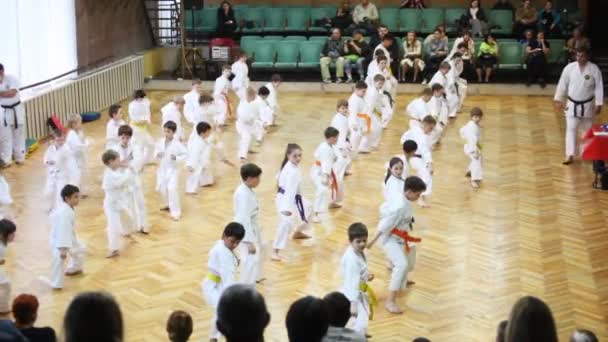 Dzieci w hali sportowej robią ćwiczenia na badania promocji w stylu goju-ryu karate-do — Wideo stockowe