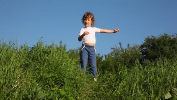 Girl doing exercises on meadow — Stock Video