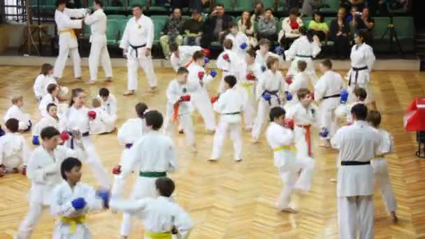 Trener i dzieci w hali sportowej robią ćwiczenia na badania promocji w stylu goju-ryu karate-do — Wideo stockowe