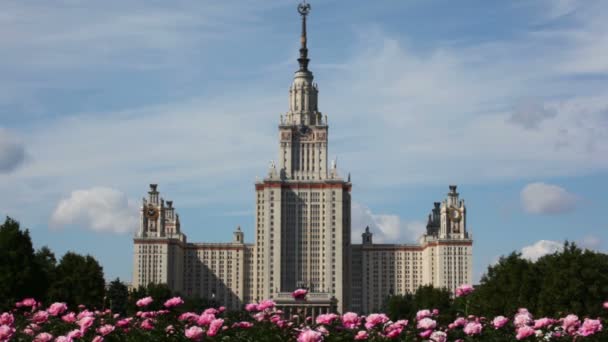 Flowers moving with wind in front of Lomonosov Moscow State University — Stock Video