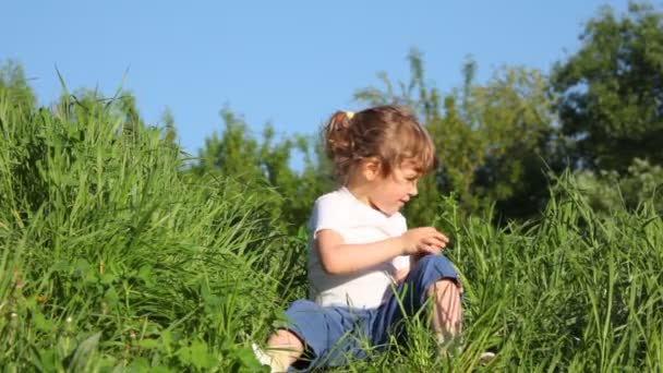 Girl picking up the grass and throwing it up — Stock Video