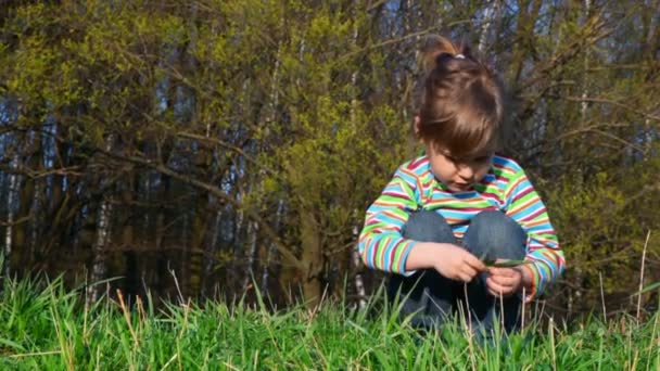 Klein meisje zit op gras en trekt messen — Stockvideo