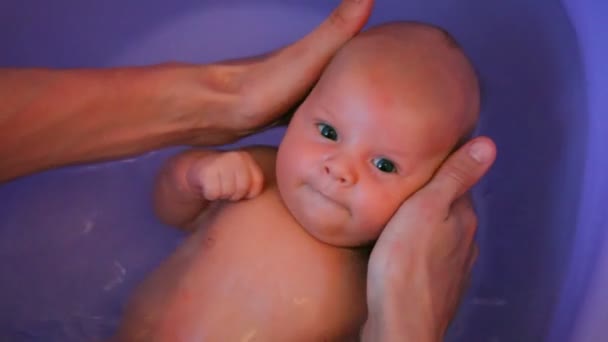 Bébé dans l'eau sur les mains des parents — Video