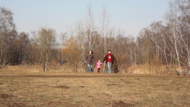 Семья бегает по траве — стоковое видео