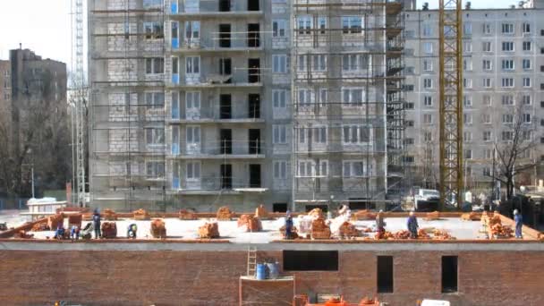 Workers put brick, building. Time lapse — Stock Video