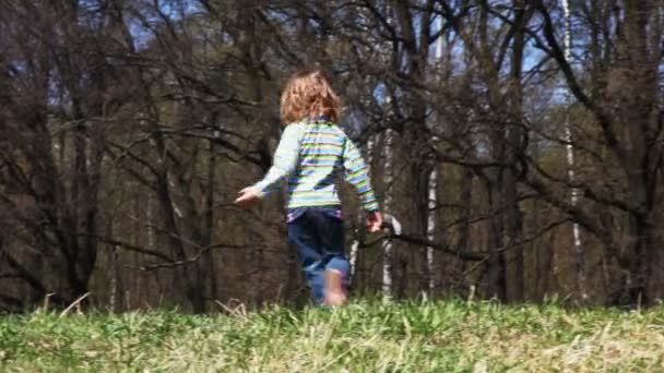 Mädchen dreht sich und geht im Frühjahr über Feld — Stockvideo