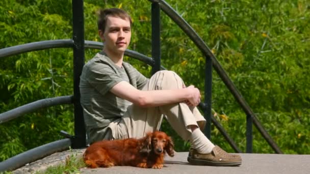 犬をなでる若い男性 — ストック動画