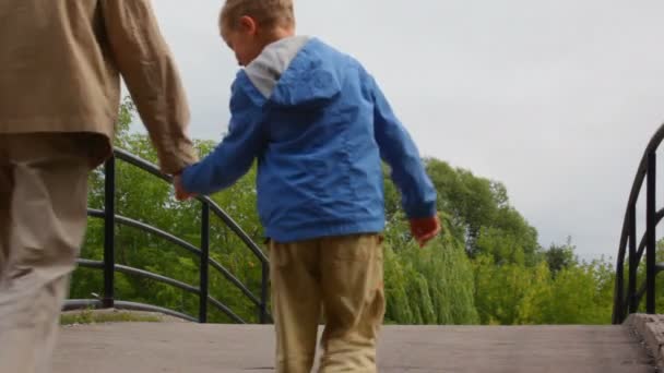 Walking family on bridge — Stock Video