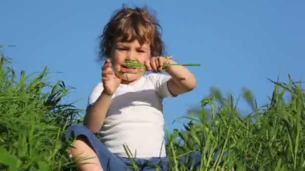 Κορίτσι παίζει με χόρτο και χαμογελαστός — Αρχείο Βίντεο