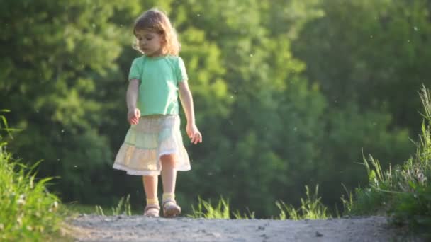 Little girl walking and running down the road — Stock Video