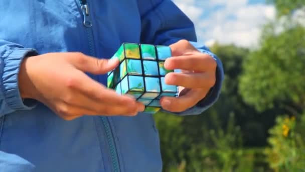 Chico resuelve cubo de tierra en el parque, de cerca las manos — Vídeo de stock