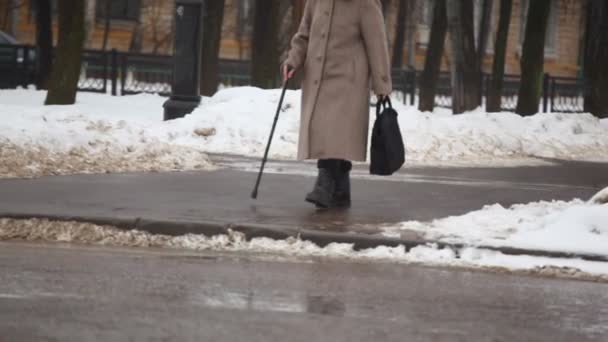 Senior woman with walking-stick on winter street — Stock Video