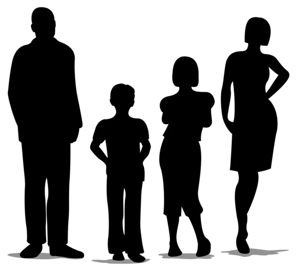 Famille de quatre vecteurs de silhouette debout — Image vectorielle