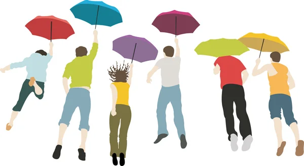 Jumping group with umbrellas vector — Stock Vector