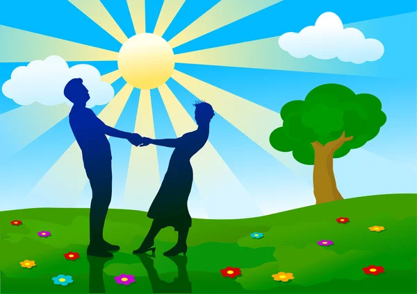 Silhouettes of man and woman standing on summer meadow. — Stock Vector