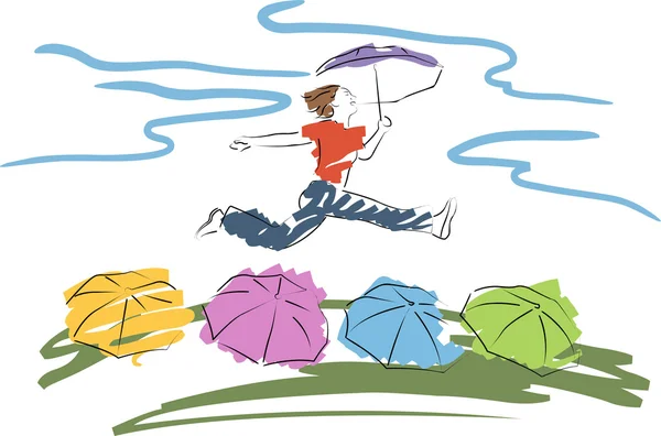 Ung kvinna hoppar med paraply över paraplyer — Stock vektor