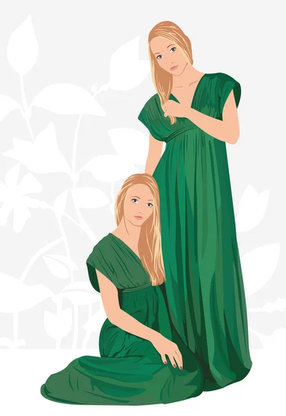 Девочки-близнецы: сидя рядом с сестрой — стоковый вектор
