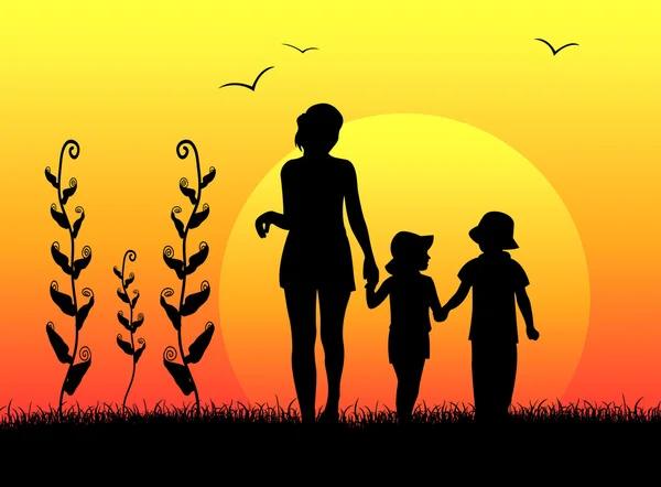 Mère avec des enfants vecteur coucher de soleil — Image vectorielle