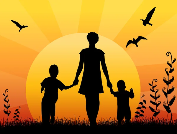 Mère avec des enfants vecteur coucher de soleil — Image vectorielle