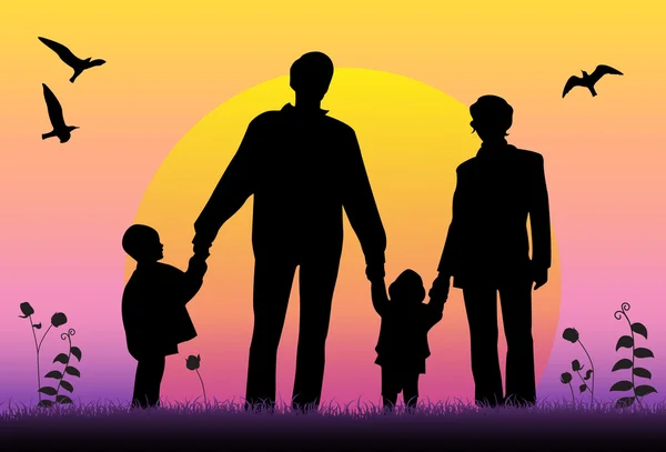 Family sunset silhouette vector — Stock Vector