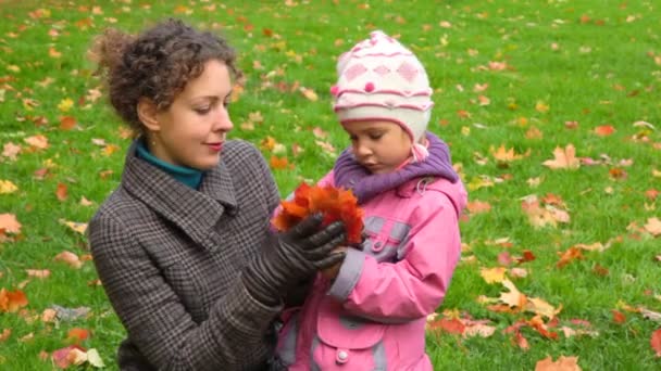 Mujer joven con niña recogiendo hojas de arce de otoño — Vídeos de Stock