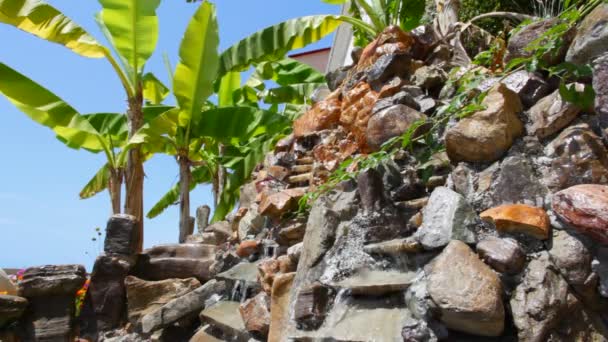 Artificial stone cascades and palm on tourist territory near hotel — Stock Video