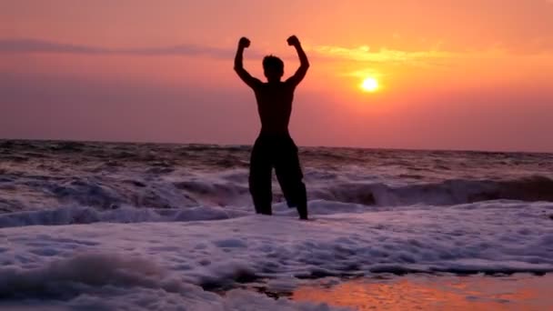 Silueta de joven feliz con las manos levantadas, mar puesta de sol en el fondo — Vídeos de Stock