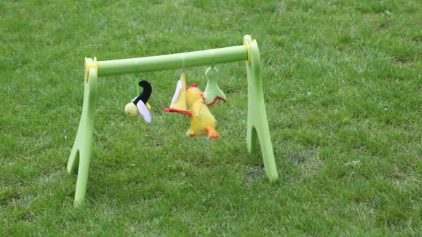 Дитячі м'які іграшки махають на вітрі у дворі — стокове відео