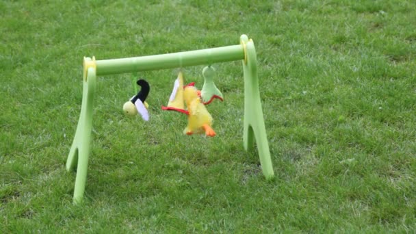 Jouets doux bébé agitant dans le vent dans la cour — Video