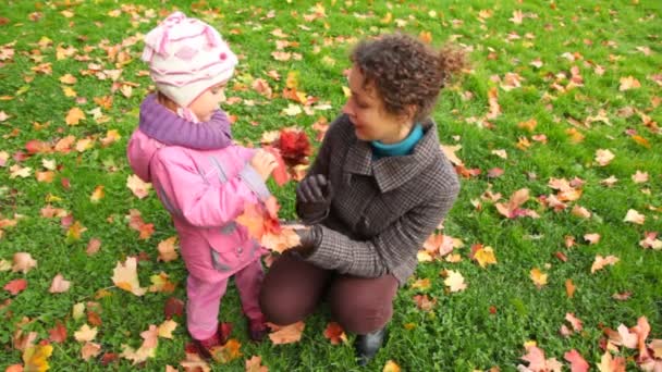 Χαμογελώντας νεαρή γυναίκα και κοριτσάκι με σφενδάμνου φθινόπωρο αφήνει — Αρχείο Βίντεο