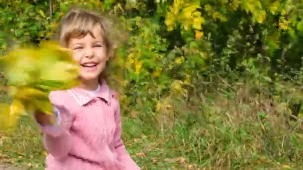 Маленькая девочка играет с осенними листьями на открытом воздухе — стоковое видео