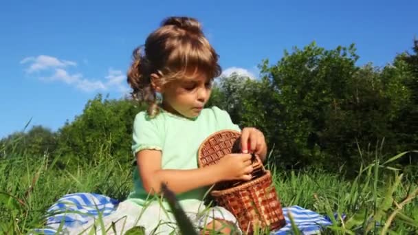 Dziewczyna siedzi na trawnik w pobliżu lasu zjada sweet cherry z koszyka — Wideo stockowe