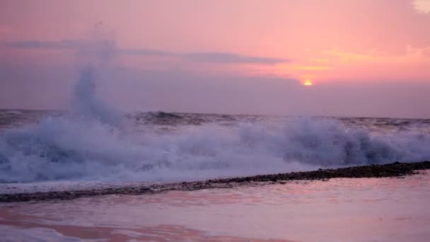 Silhouet van man lopen van camera op strand, zonsondergang zee op achtergrond — Stockvideo