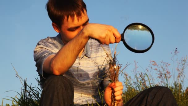 Young man sits on grass and sets fire to dry straw magnifying glass in park — Stock Video