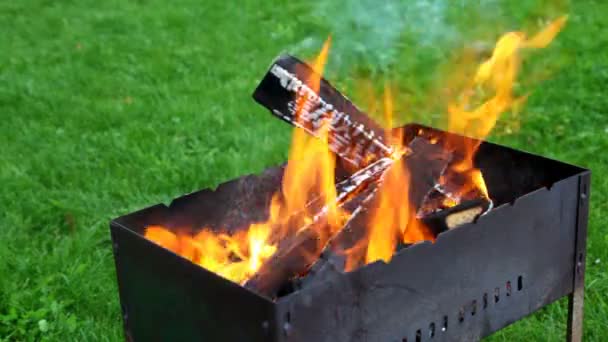 Chama sobre grill pé no quintal — Vídeo de Stock
